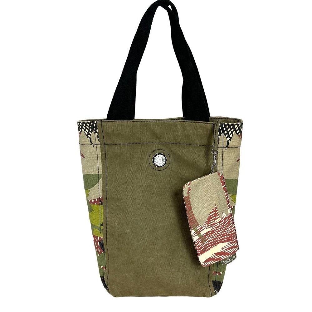 Kipling Large Tote Bag Cotton Canvas Army Green + Printed Zip Pouch
